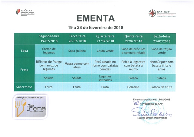 EMENTA DE 19 DE FEVEREIRO A 23 DE FEVEREIRO